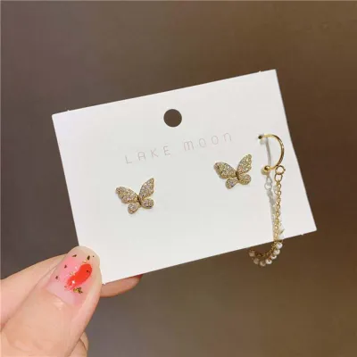 Butterfly Rhinestone Stud Cuff Chain Earrings